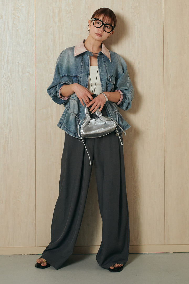[SET]襟付き配色デニムブルゾン+ビックベルトループタックベルト付きワイドパンツ(2set)