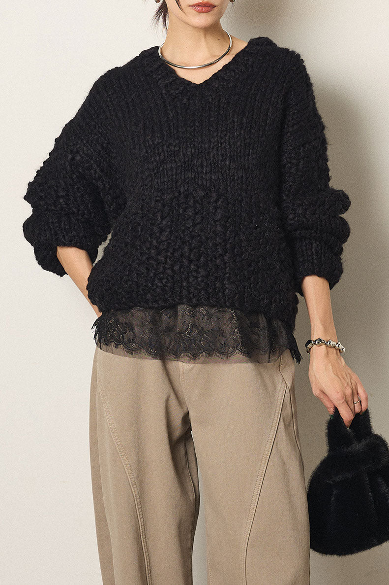 [SET]Vネックハンド編みニットトップス+レース切り替えキャミソール(2set)