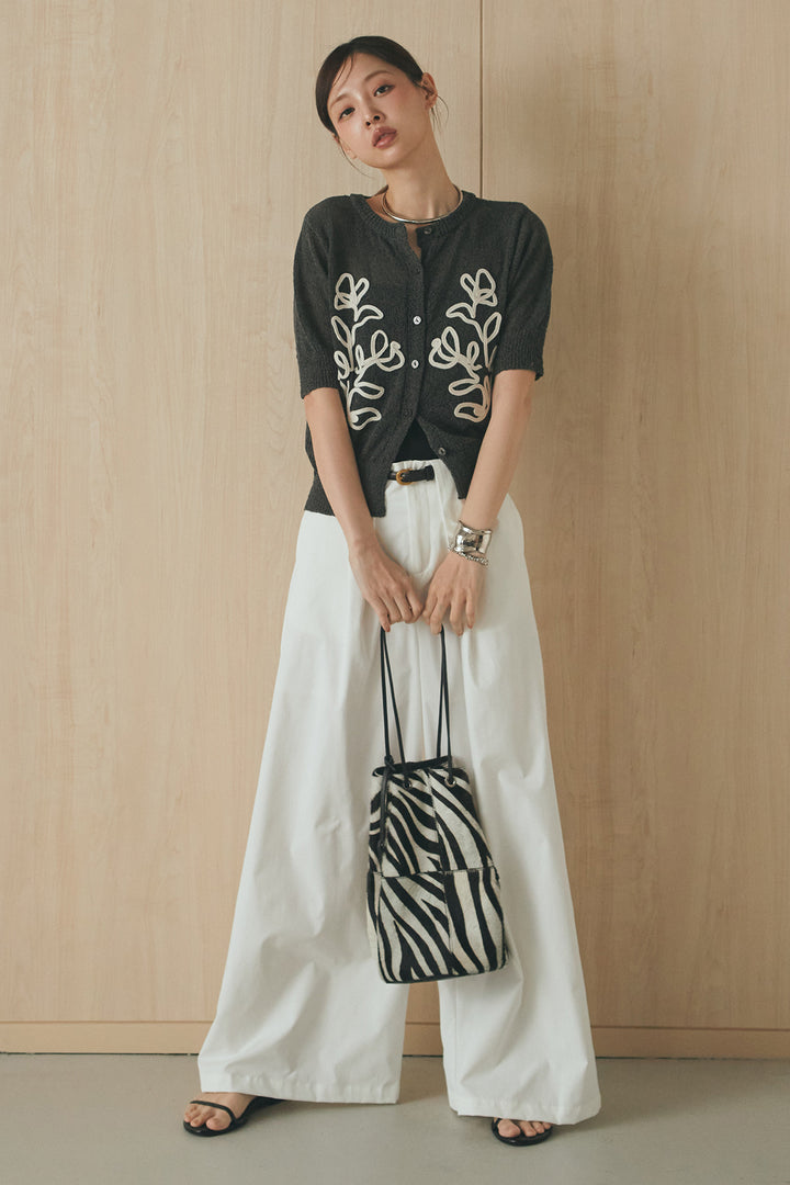 [SET]フロントテープデザイン半袖カーディガン+ベルトループデザインハイウエストタックパンツ(2set)