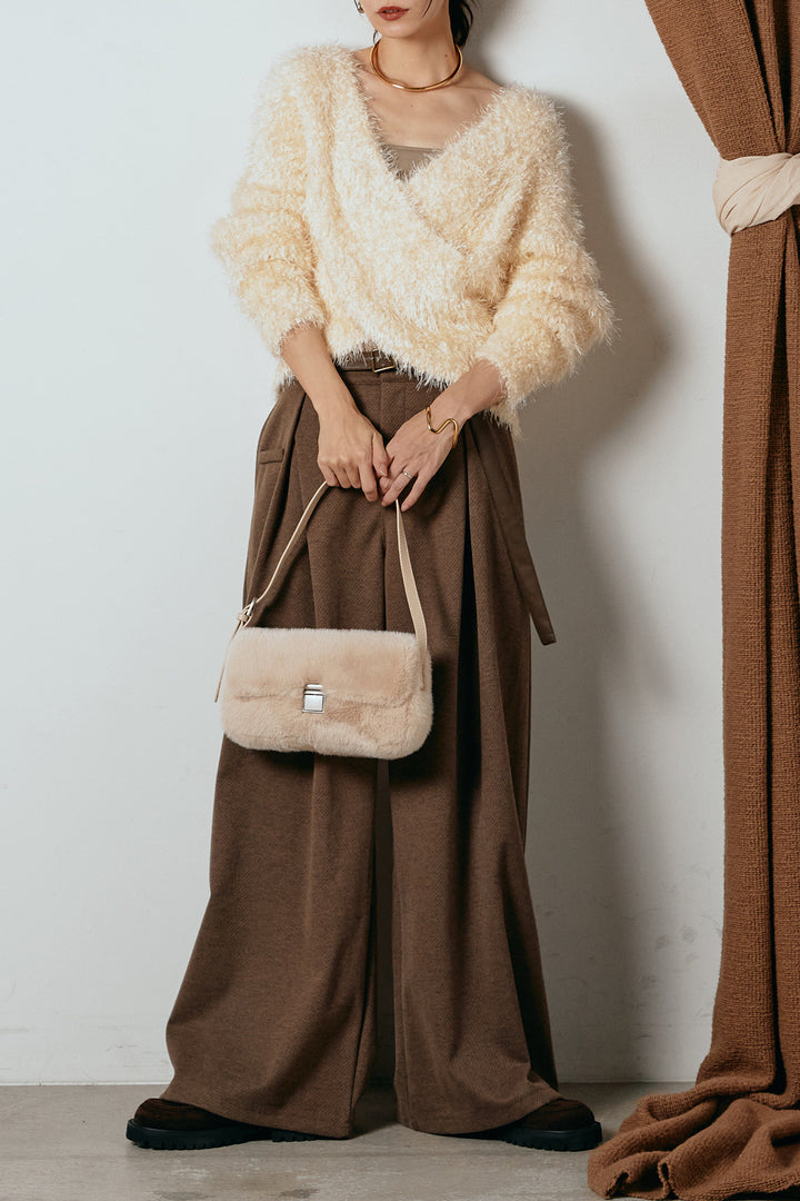 [SET]シャギークロスニットトップス+細ベルト付き起毛タックワイドパンツ(2set)