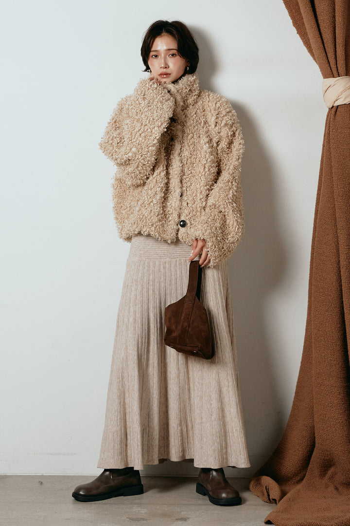 [SET]プードルファーミドルジャケット+編み地切り替えフレアニットスカート(2set)