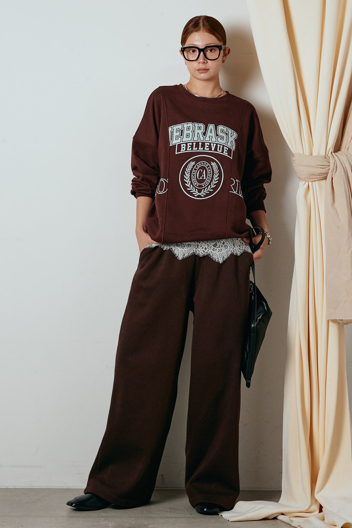 SET]裏毛カレッジプリントプルオーバー+裏起毛スウェットワイドパンツ+