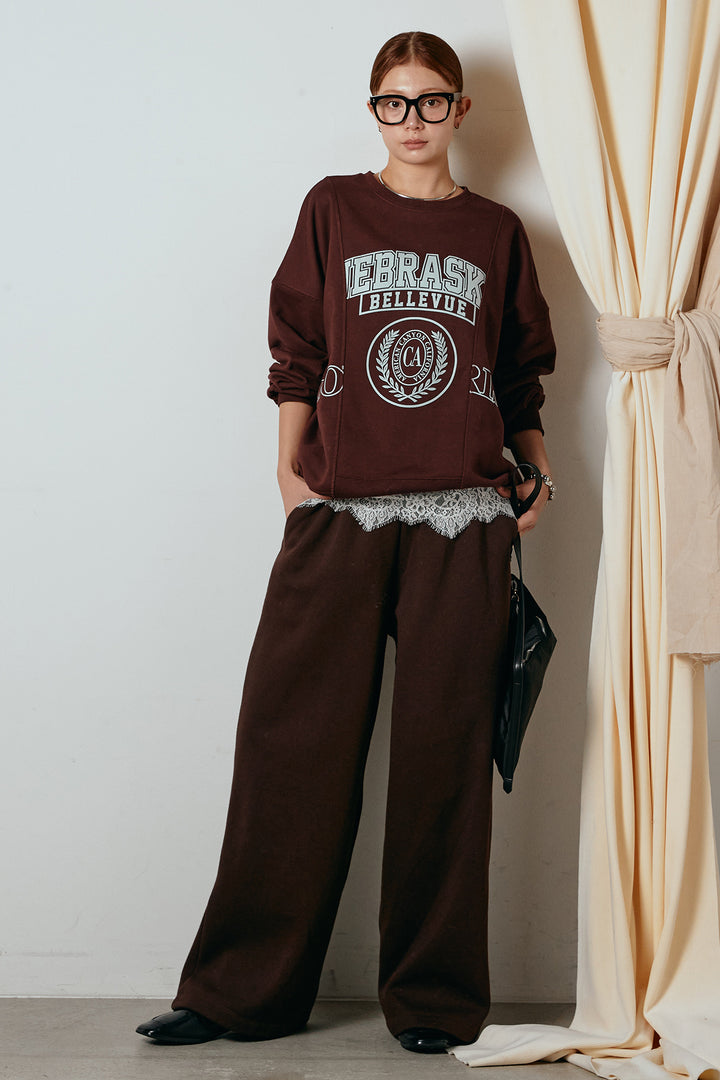 [SET]裏毛カレッジプリントプルオーバー+裏起毛スウェットワイドパンツ+カップ付きレースドッキングキャミソール(3set)