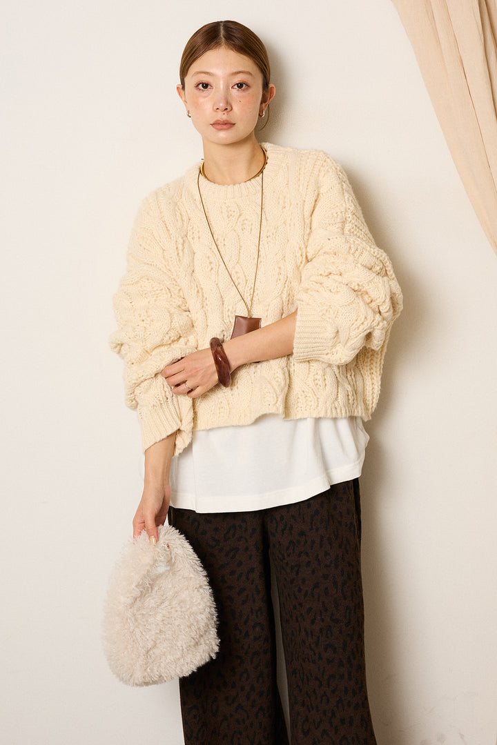 [SET]ケーブルリラックスショートニット+レオパードジャガードニットパンツ(2set)