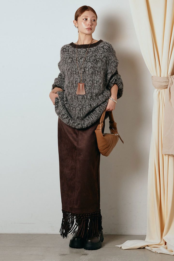 [SET]ボリュームスリーブミックスニットトップス+スウェードライク裾フリンジスカート(2set)