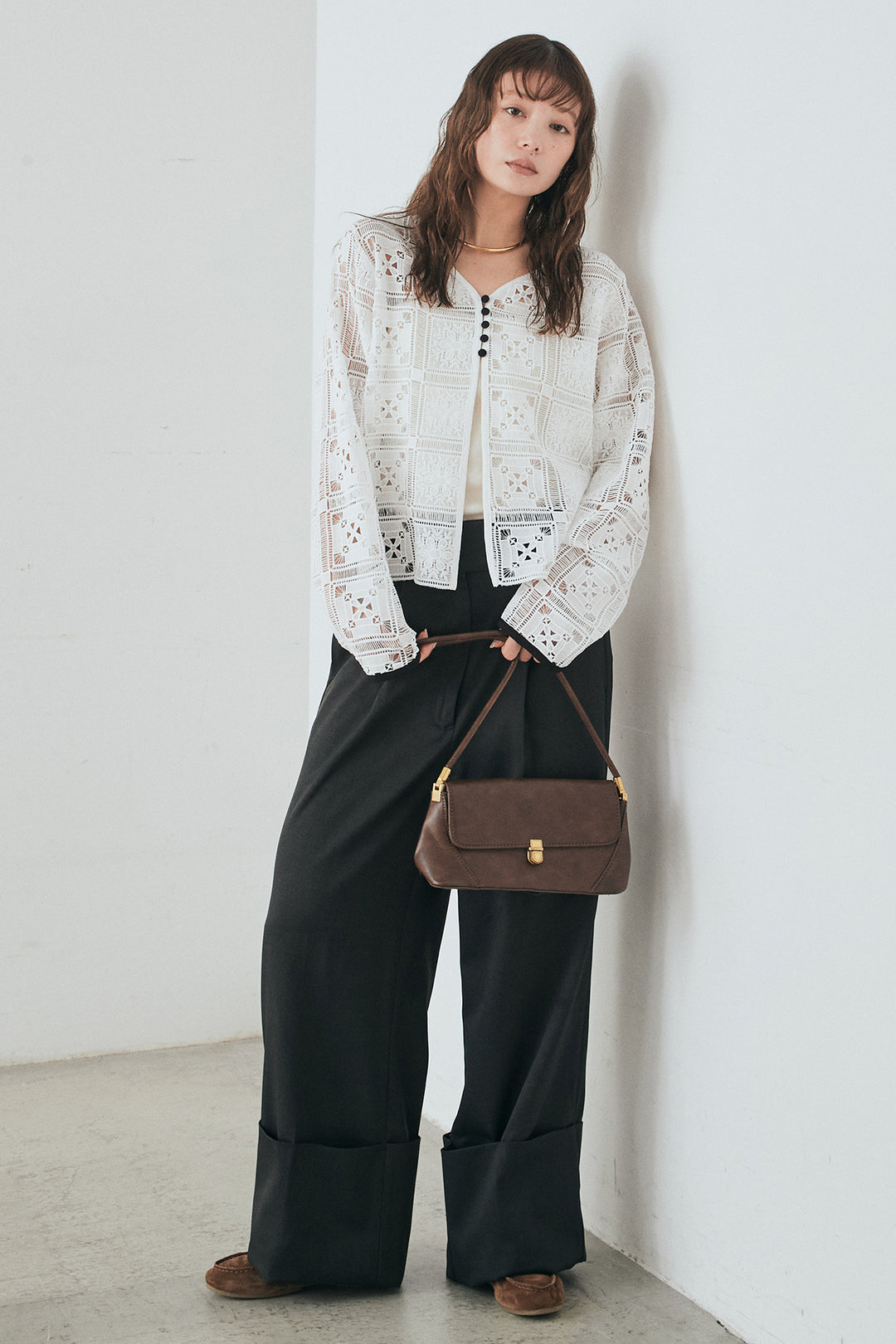 [SET]クロシェレースカーディガン+センタープレスセミワイドパンツ(2set)