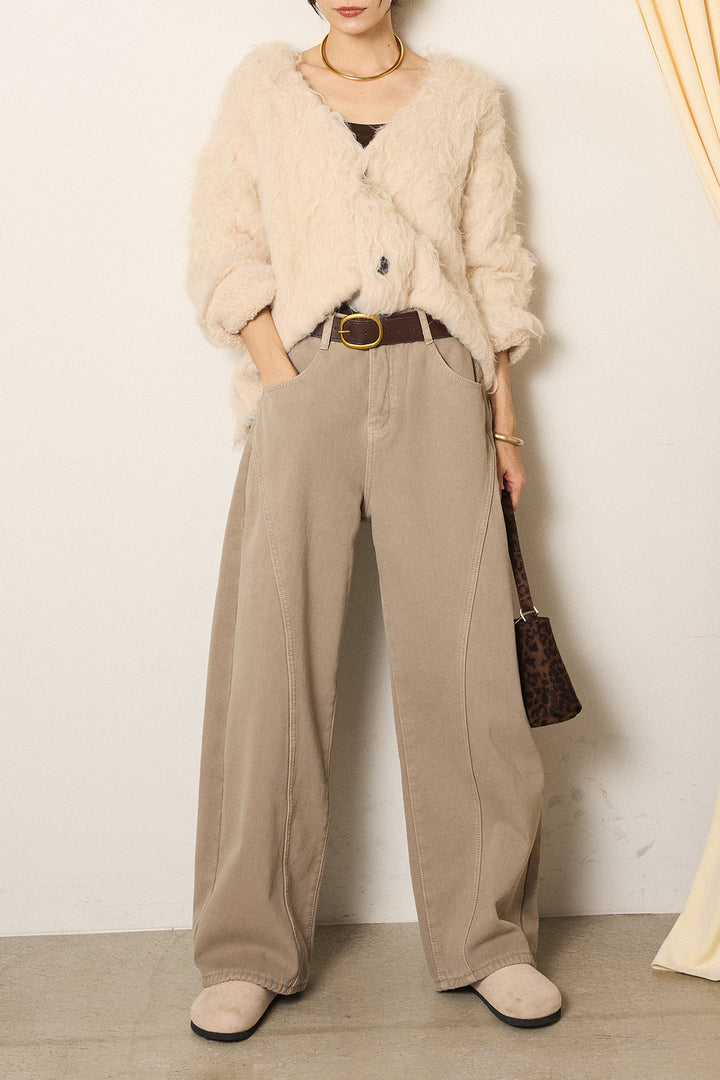 [SET]起毛シャギーニットカーディガン+ベルト付きカジュアルカーブワイドパンツ(2set)