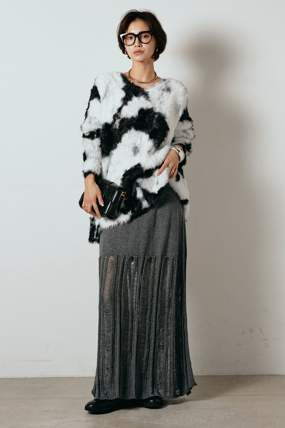 [SET]タイダイ柄シャギーニットトップス+裾シアーリブスカート(2set)