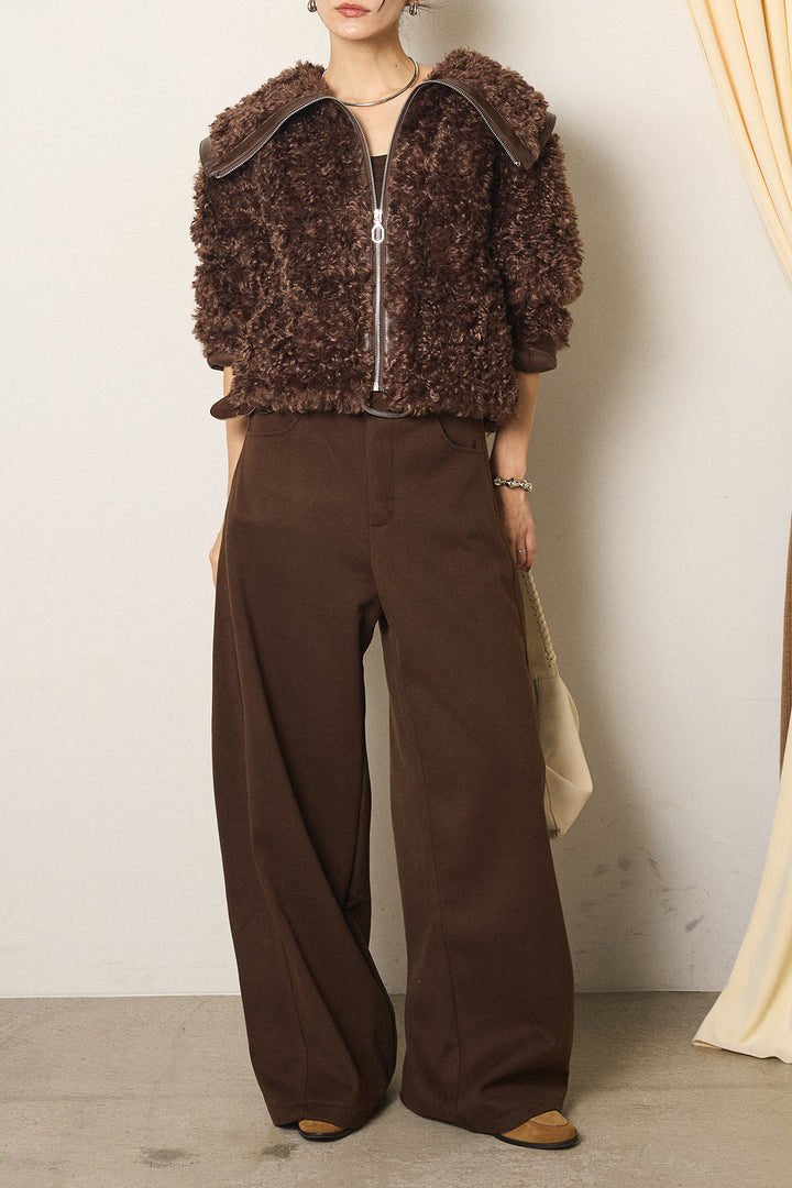 [SET]ビッグカラープードルボアアウター+編みベルト付きワイドパンツ(2set)