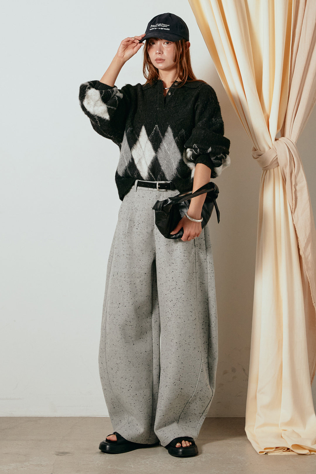 [SET]アーガイル柄ポロニットトップス+ベルト付きネップツイードカーブパンツ(2set)