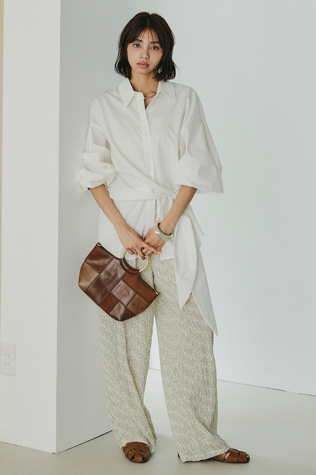 [SET]襟付き巻きデザインシャツ+シアーランダムドットラフパンツ(2set)