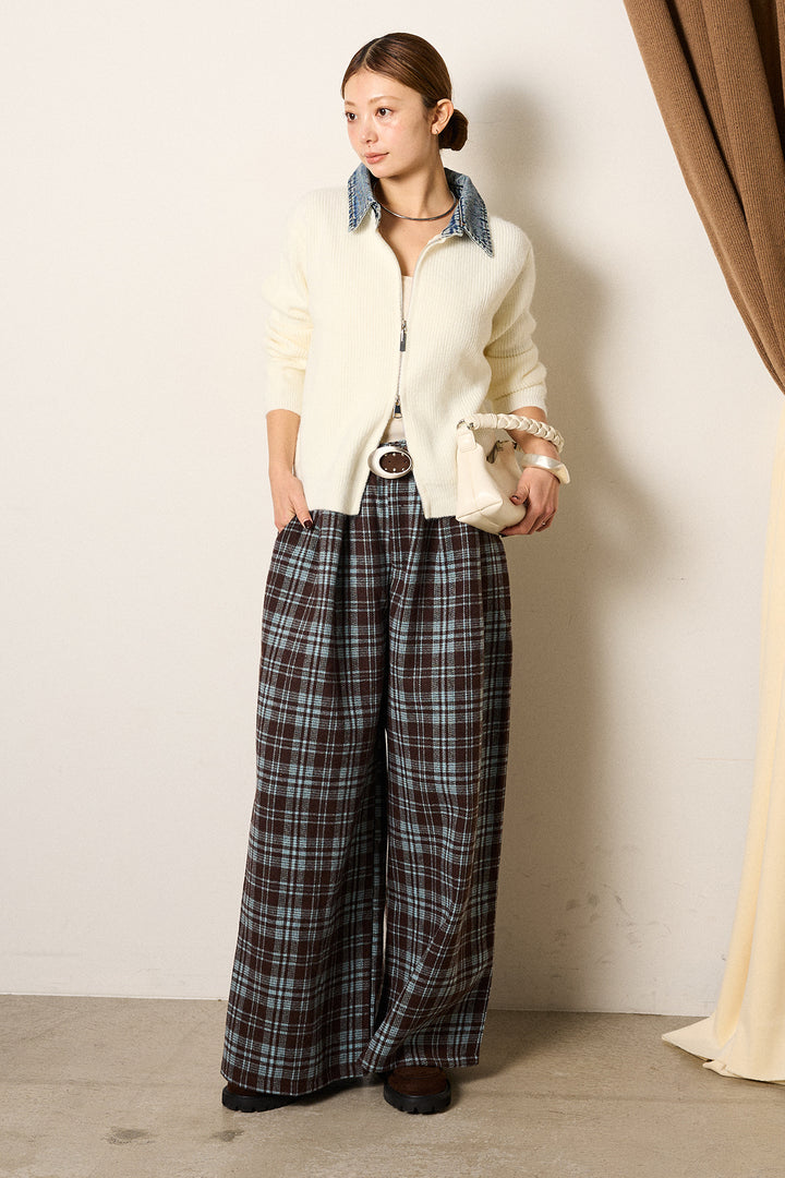 [SET]デニム襟ダブルジップニットトップス+スタッズデザインベルトタータンチェックパンツ(2set)