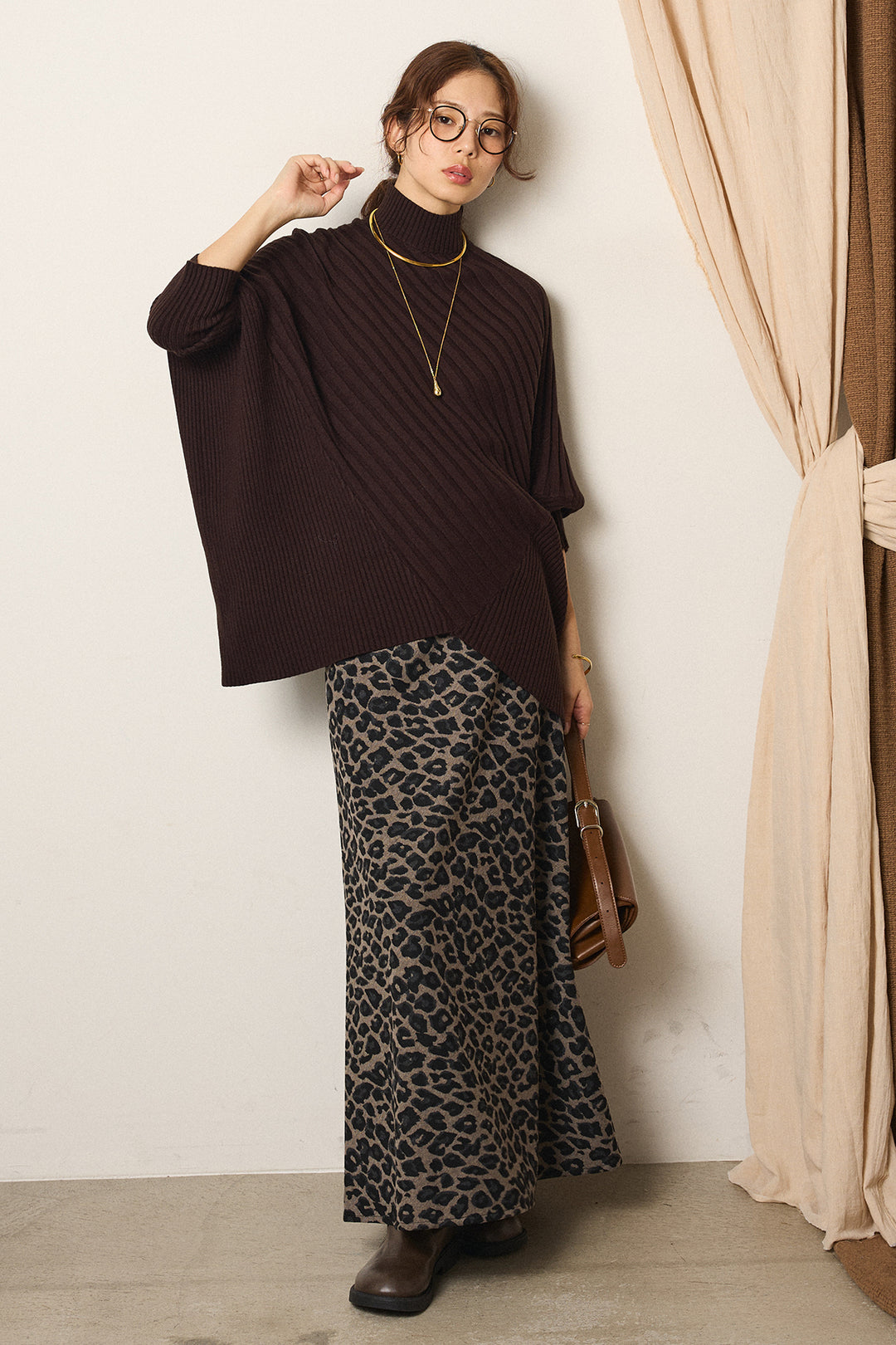 [SET]アシメデザインリブポンチョニットトップス+レオパードロングスカート(2set)