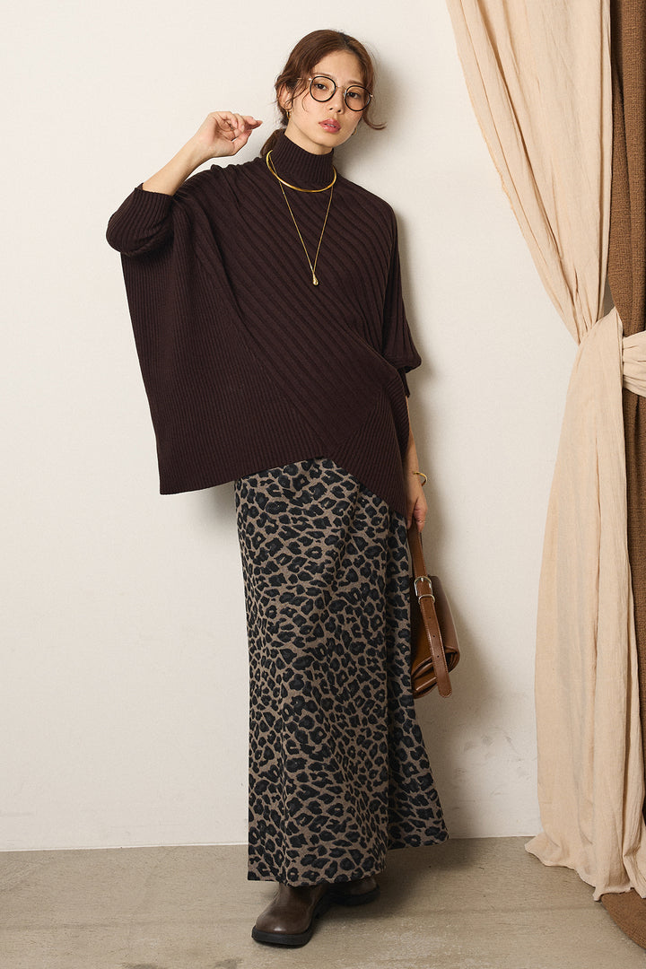 [SET]アシメデザインリブポンチョニットトップス+レオパードロングスカート(2set)