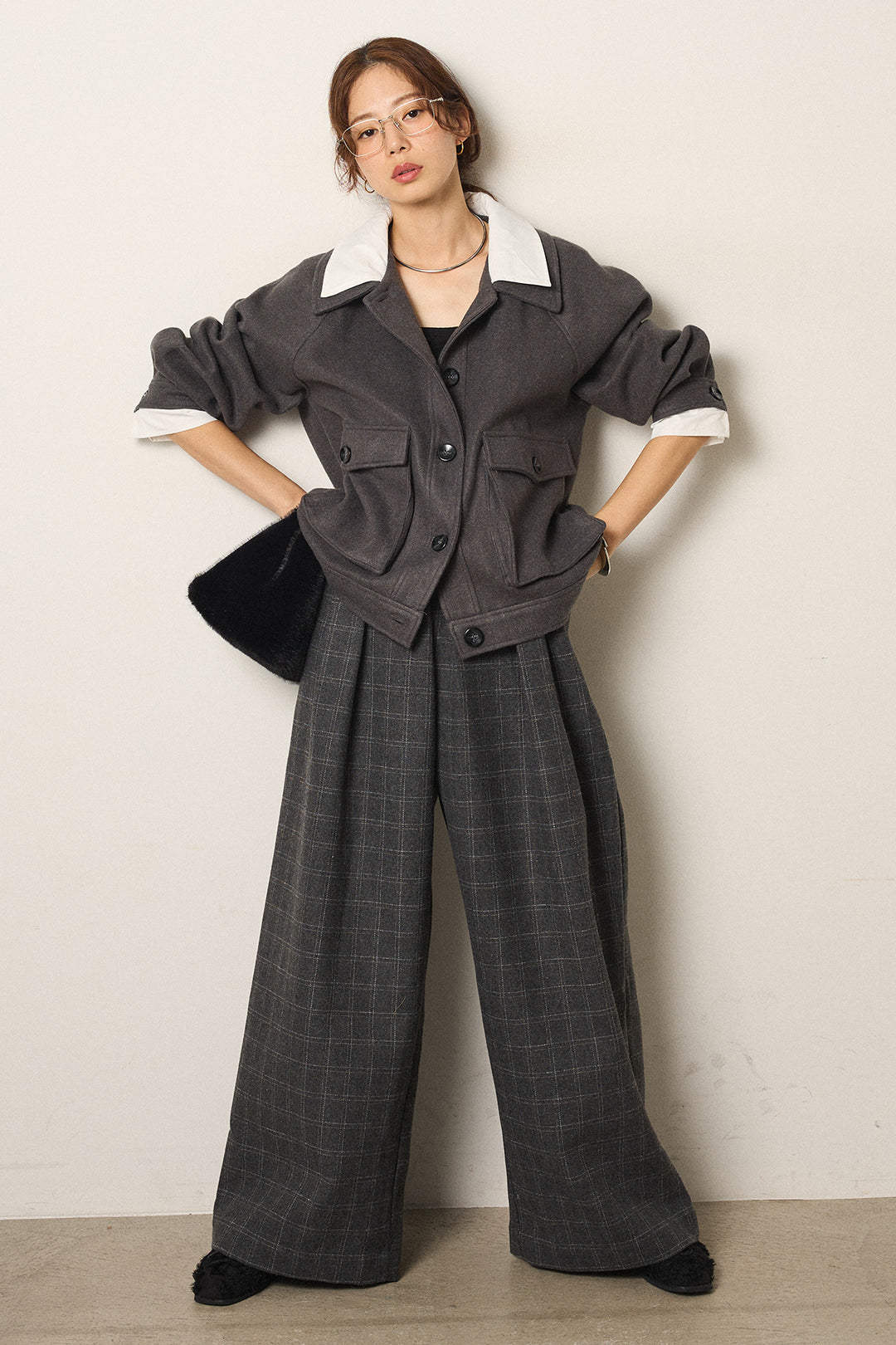 [SET]衿レイヤードフェイクウールジャケット+ウールライクチェックタックパンツ(2set)