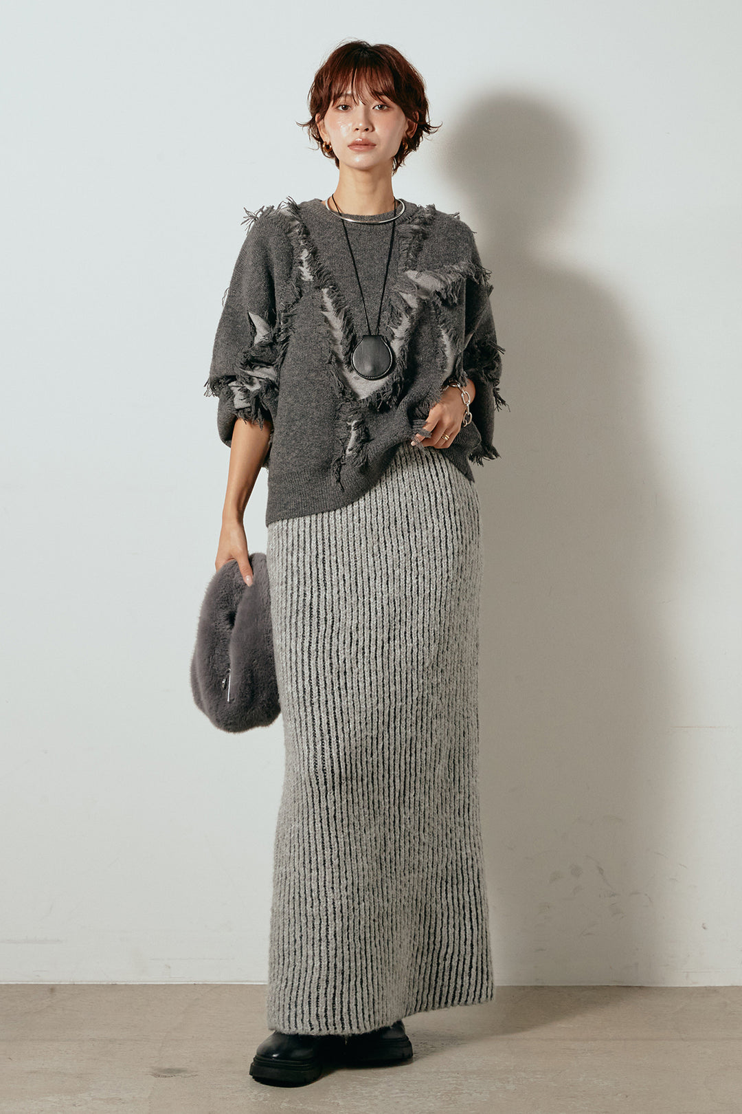 [SET]シャギージャガードニットトップス+アルパカタッチニットタイトスカート(2set)
