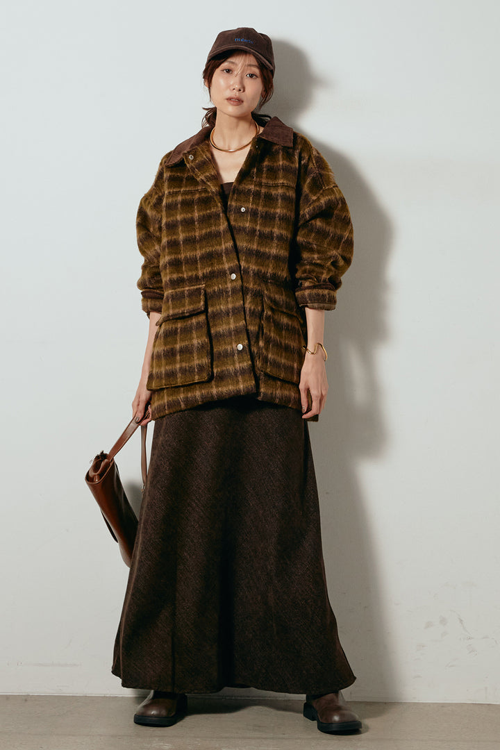 [SET]チェックシャギーミドルカバーオール+スウェードライクロングスカート(2set)