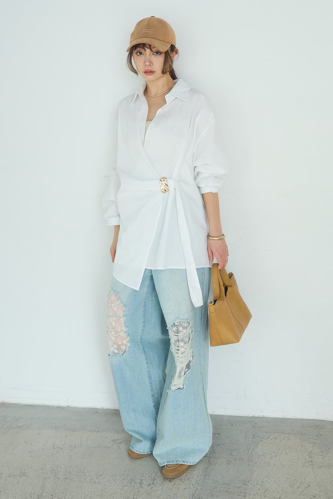 [SET]サイド留め具デザインシャツ+デニムレース付きワイドパンツ(2set)