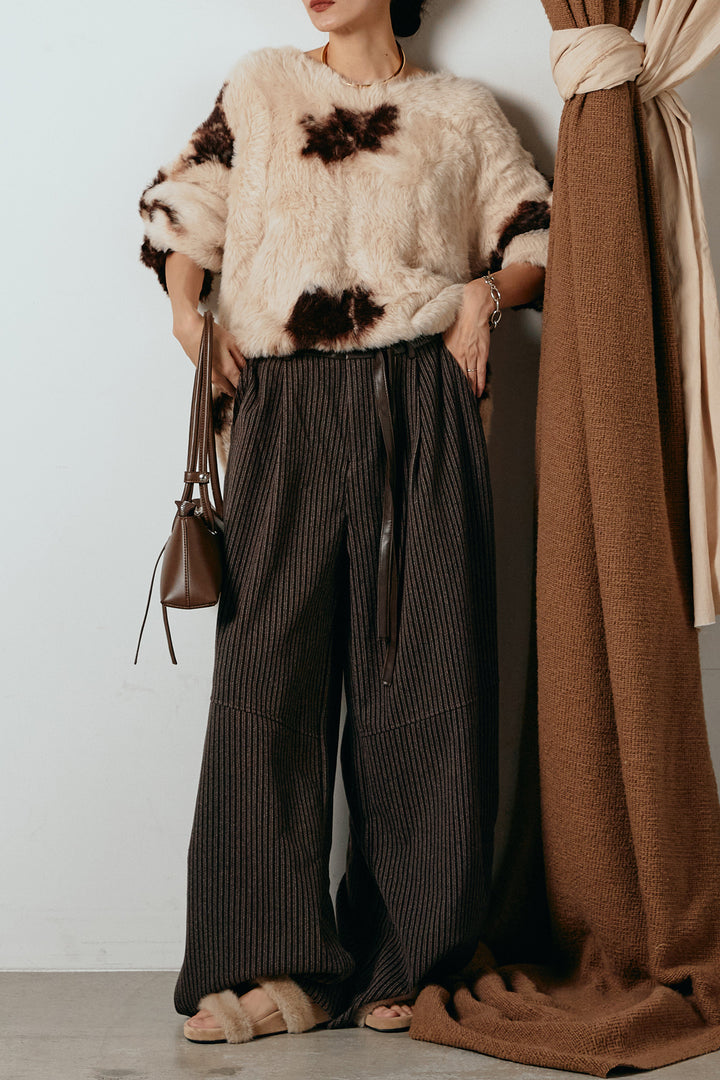 [SET]タイダイ柄シャギーニットトップス+レザーライク配色ストライプパンツ(2set)