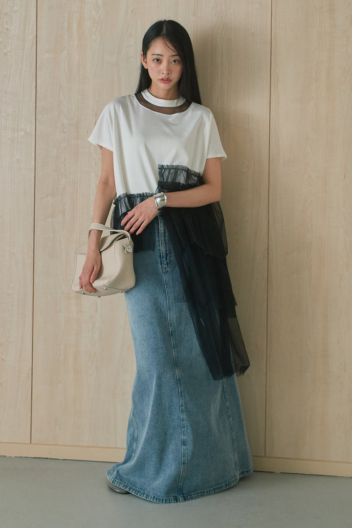 [SET]アシンメトリーチュールフリルTシャツ+デニムロングフレアスカート(2set)