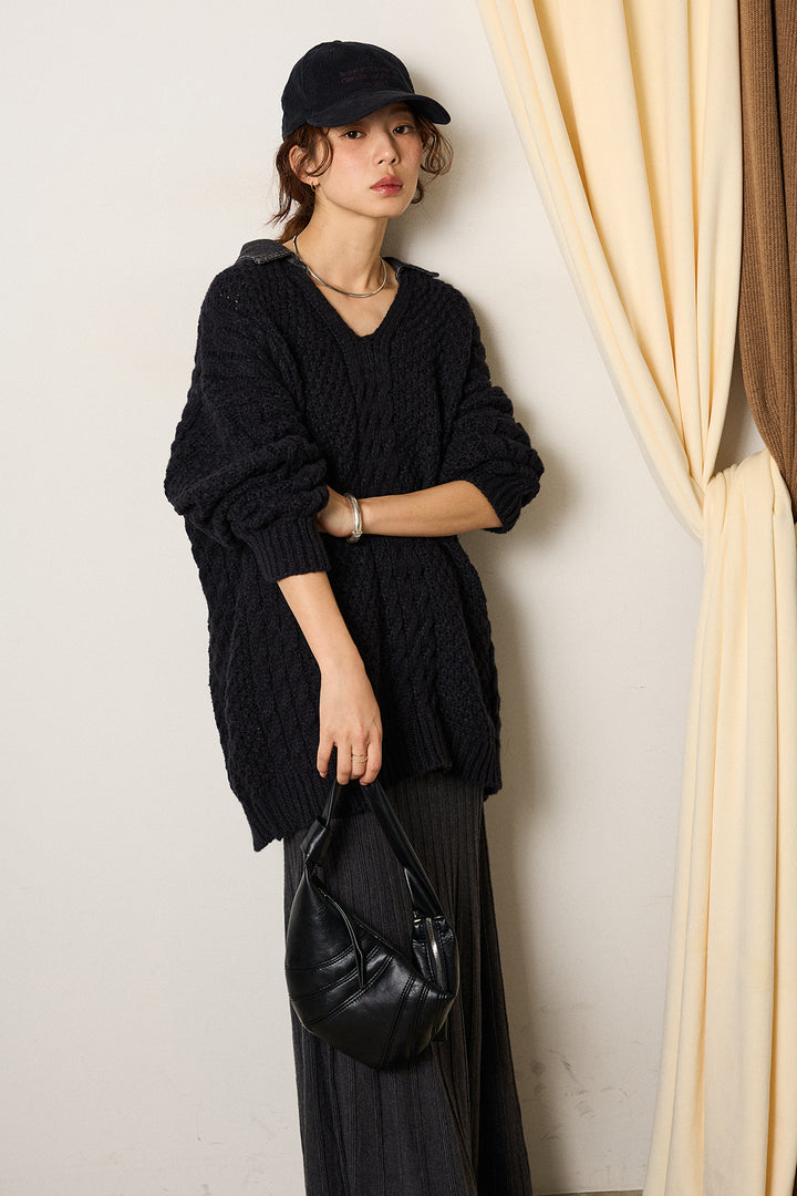 [SET]デニムカラーケーブルオーバーニット+編み地切り替えフレアニットスカート(2set)