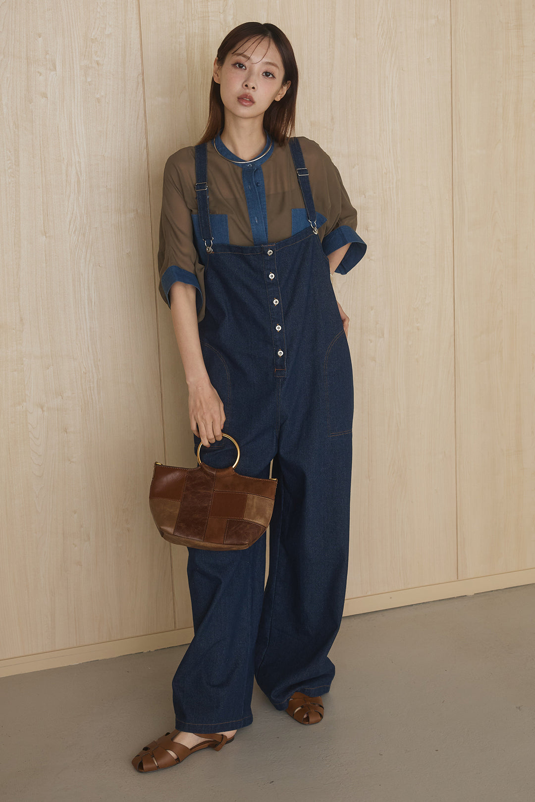 [SET]デニムライクビッグツーポケシアーシャツ+フロントボタンデニムサロペット(2set)