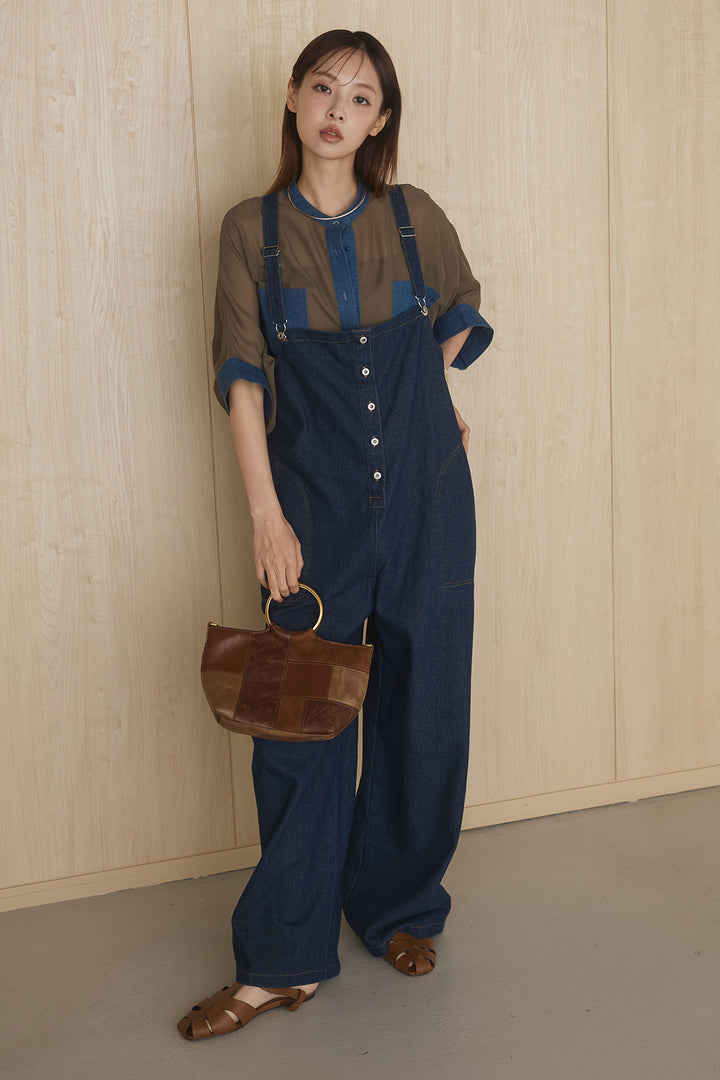 [SET]デニムライクビッグツーポケシアーシャツ+フロントボタンデニムサロペット(2set)