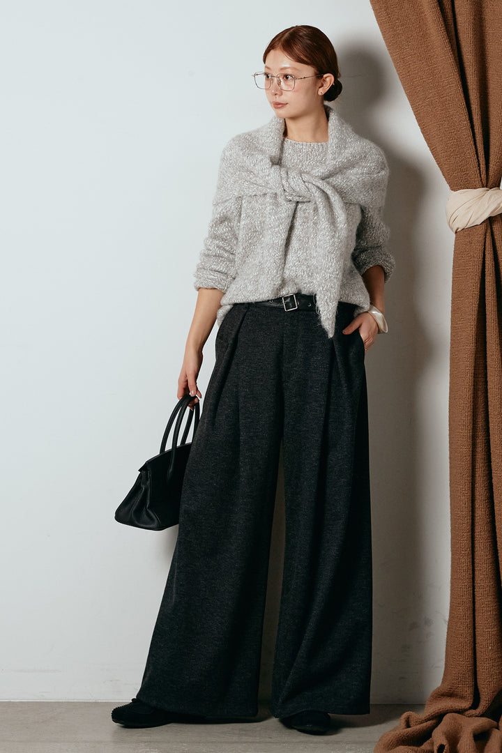 [SET]スカーフ付きミックスニットトップス+細ベルト付き起毛タックワイドパンツ(2set)