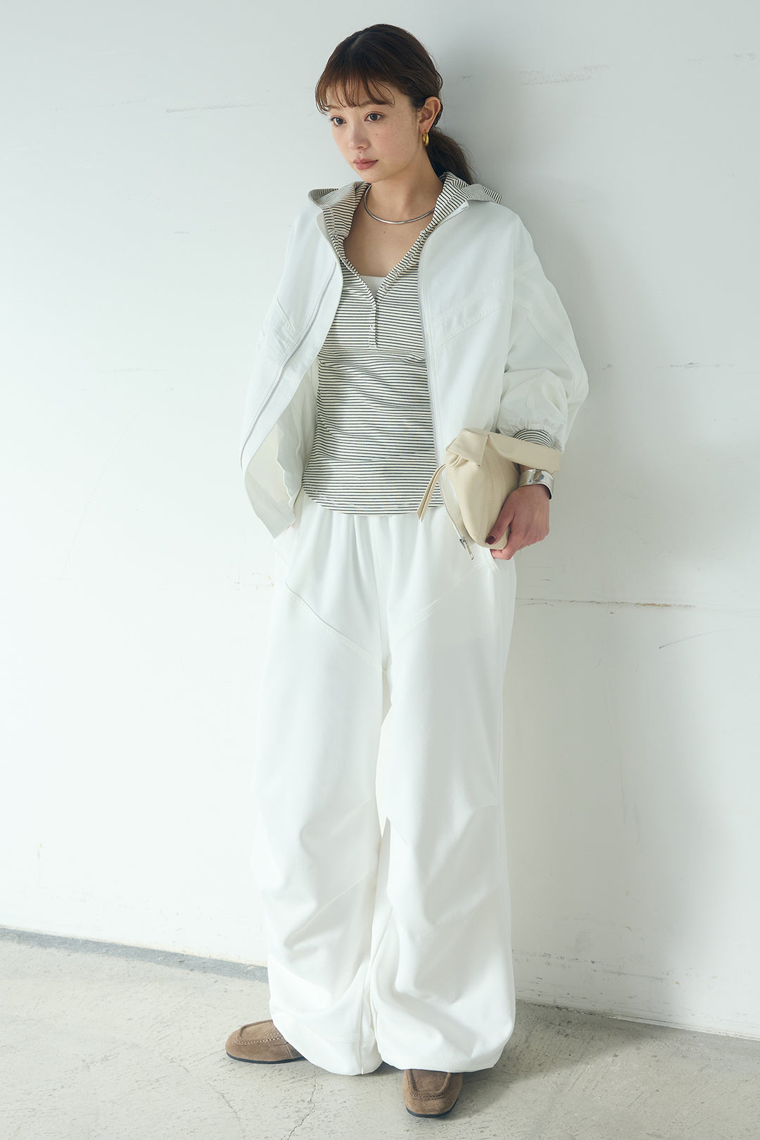 [SET]マルチ切り替えドルマンブルゾン+ランダムタックデザインワイドパンツ+ボーダーフーディーロンT(3set)