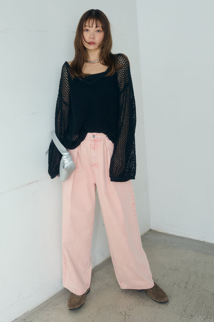 [SET]メッシュ編みビスチェセットVネックプルオーバー+カラーデニムタックカーブパンツ(2set)