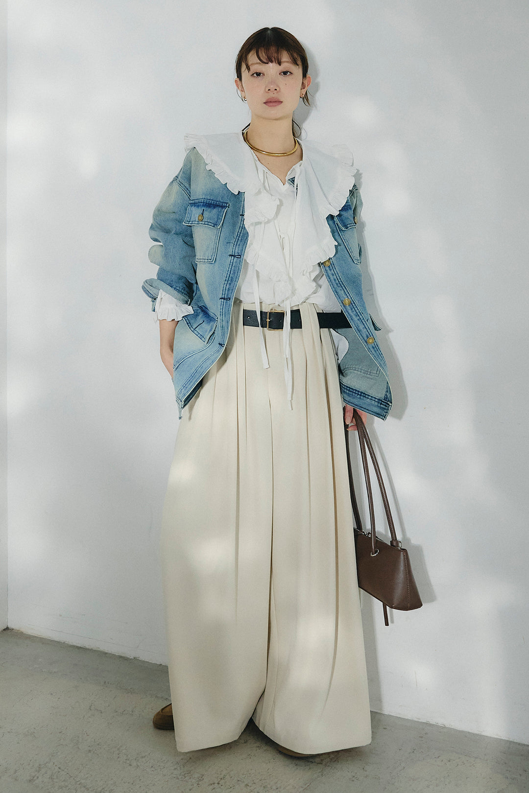 [SET]ノーカラーデニムポケットジャケット+コットンフリルブラウス+ベルト付きタックデザインハイウエストロングパンツ(3set)