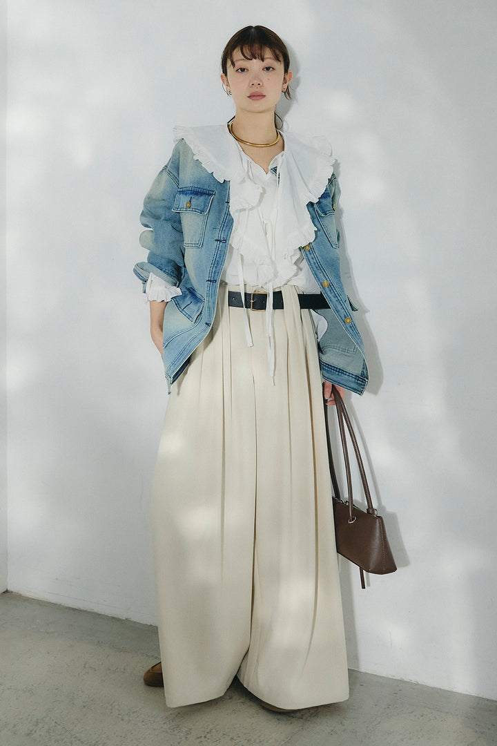 [SET]ノーカラーデニムポケットジャケット+コットンフリルブラウス+ベルト付きタックデザインハイウエストロングパンツ(3set)