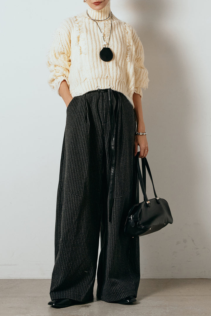 [SET]フリンジタートルショートニット+レザーライク配色ストライプパンツ(2set)