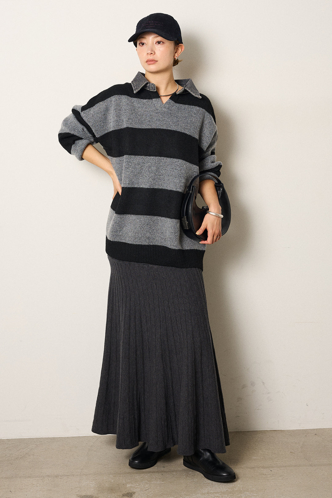 [SET]デニムカラーボーダールーズニット+編み地切り替えフレアニットスカート(2set)