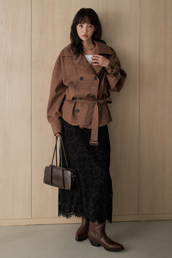 [SET]チェック柄ミドル丈トレンチコート+起毛レーススカート(2set)