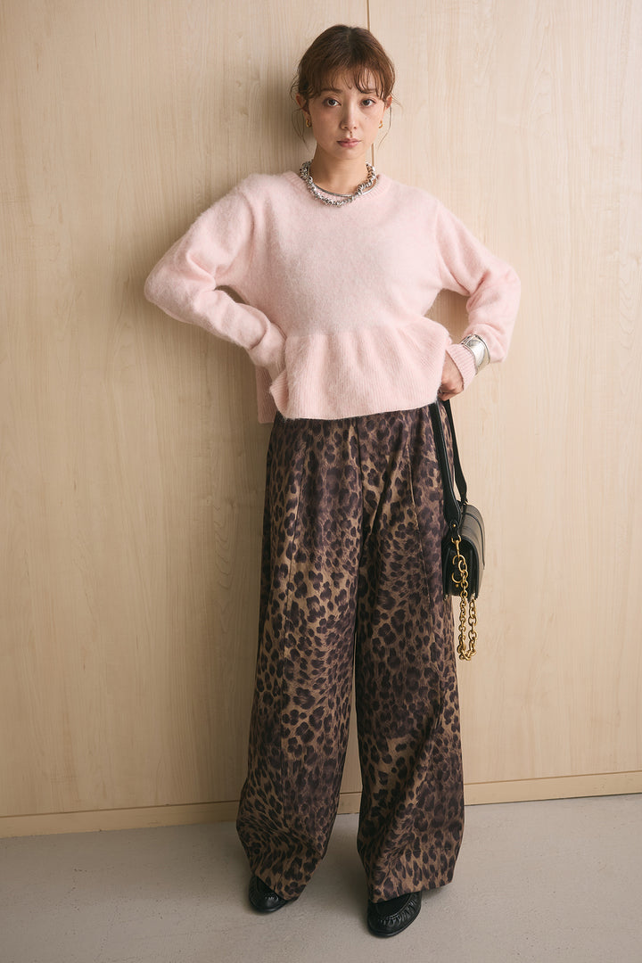 [SET]モヘアぺプラムクルーネックプルオーバー+太ベルト付きレオパード柄ワイドパンツ(2set)