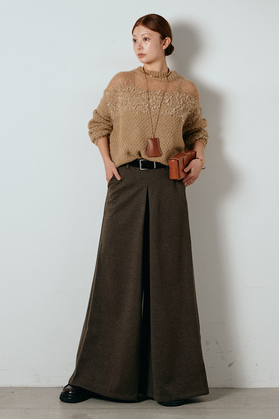 [SET]パターンランダム編みニットトップス+ベルト付きフロントタックデザインパンツ(2set)