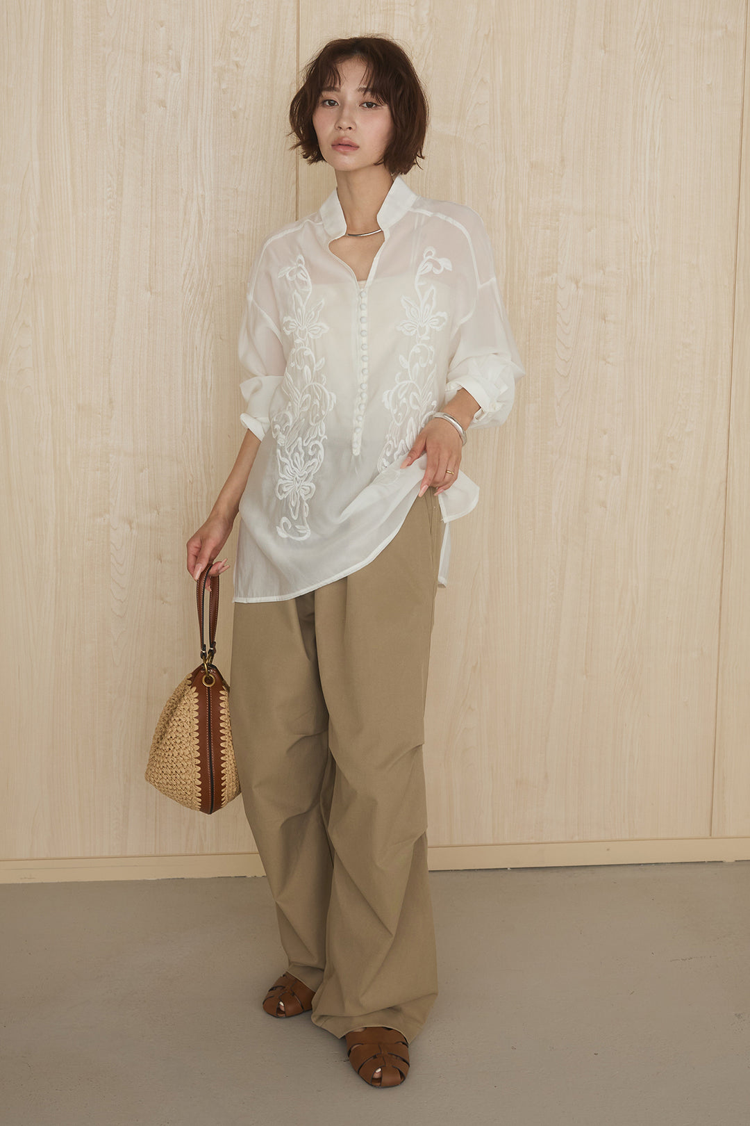 [SET]フロントボタンニュアンス柄ブラウス+ニーサイドタックウエストドロストパンツ(2set)