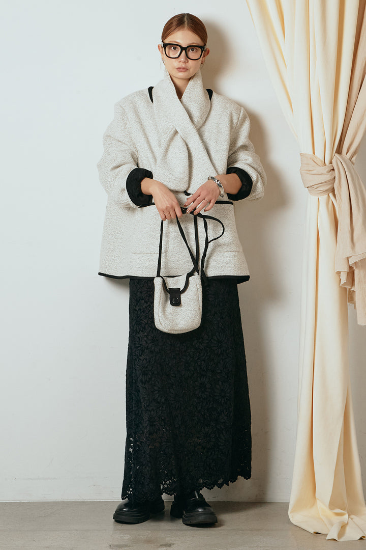 [SET]ノーカラーマフラーバッグ付きアウター+花柄刺繍ベロアフレアスカート(2set)