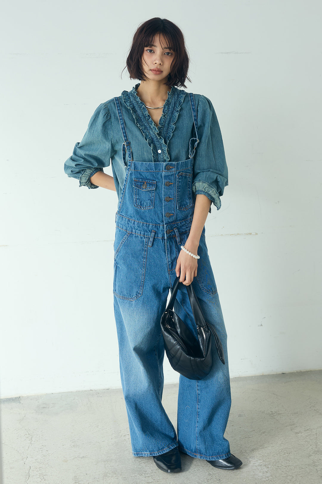 [SET]Vネックデニムフリルトップス+デニムサロペットワイドパンツ(2set)