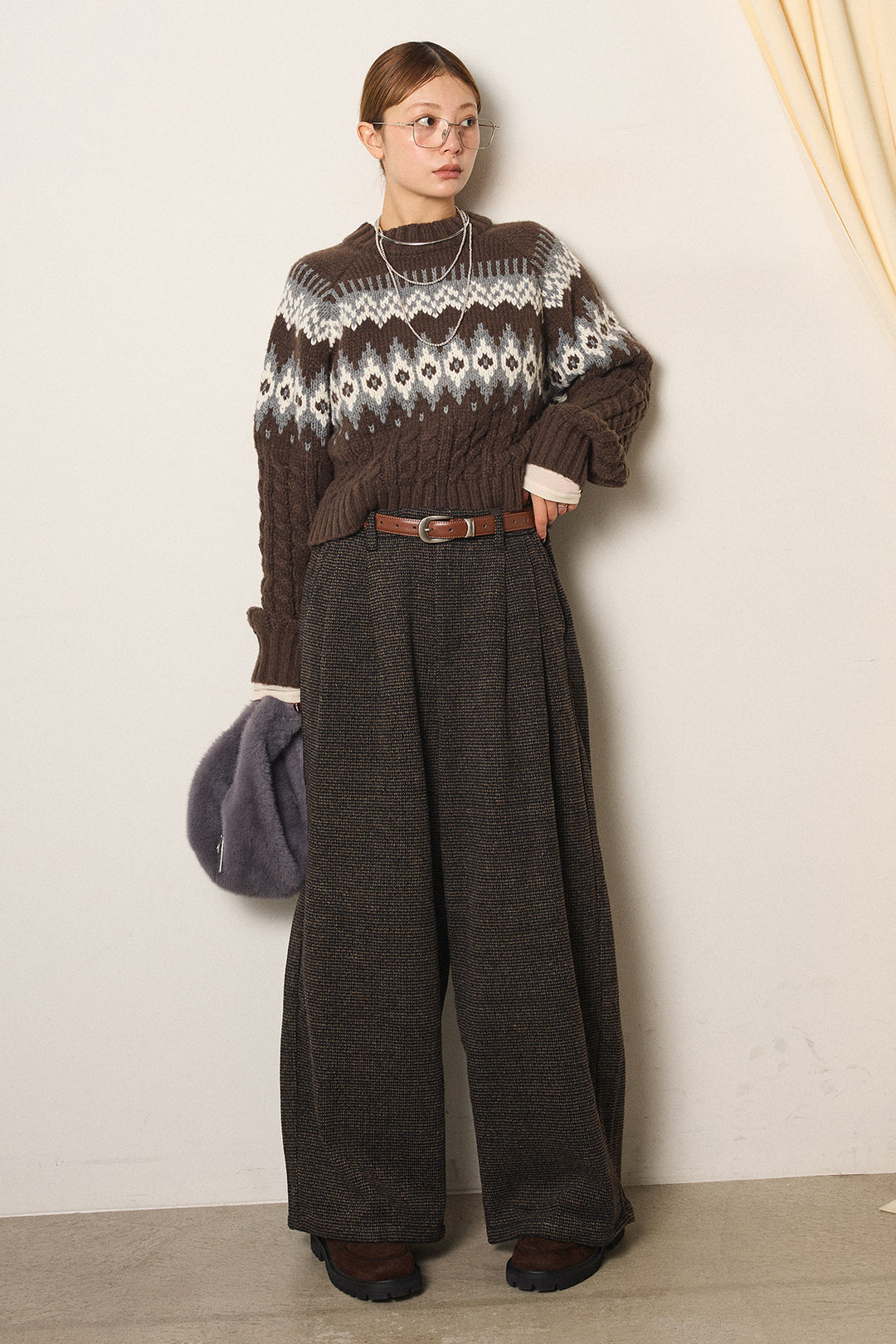 [SET]2WAY求心柄ジャガードショートカーディガン+起毛タック入りツイードワイドパンツ+2WAY袖コード刺繍クルーネックプルオーバー(3set)