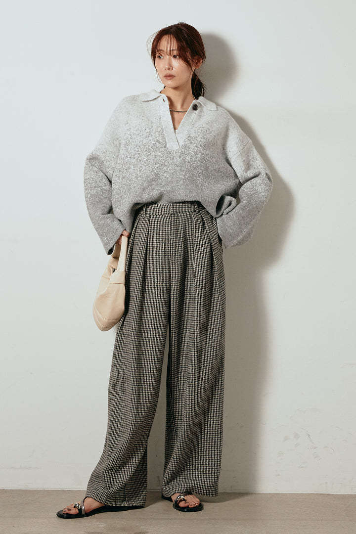 [SET]グラデーションラメニットキーネックプルオーバー+ガンクラブチェックタックパンツ(2set)