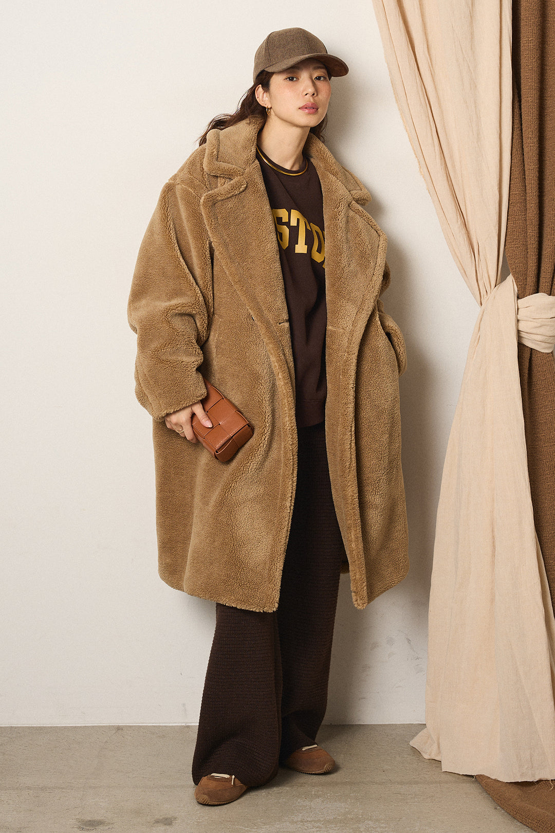 [SET]テディボアロングコート+ロゴデザインルーズスウェット+ワイドリブニットイージーパンツ(3set)