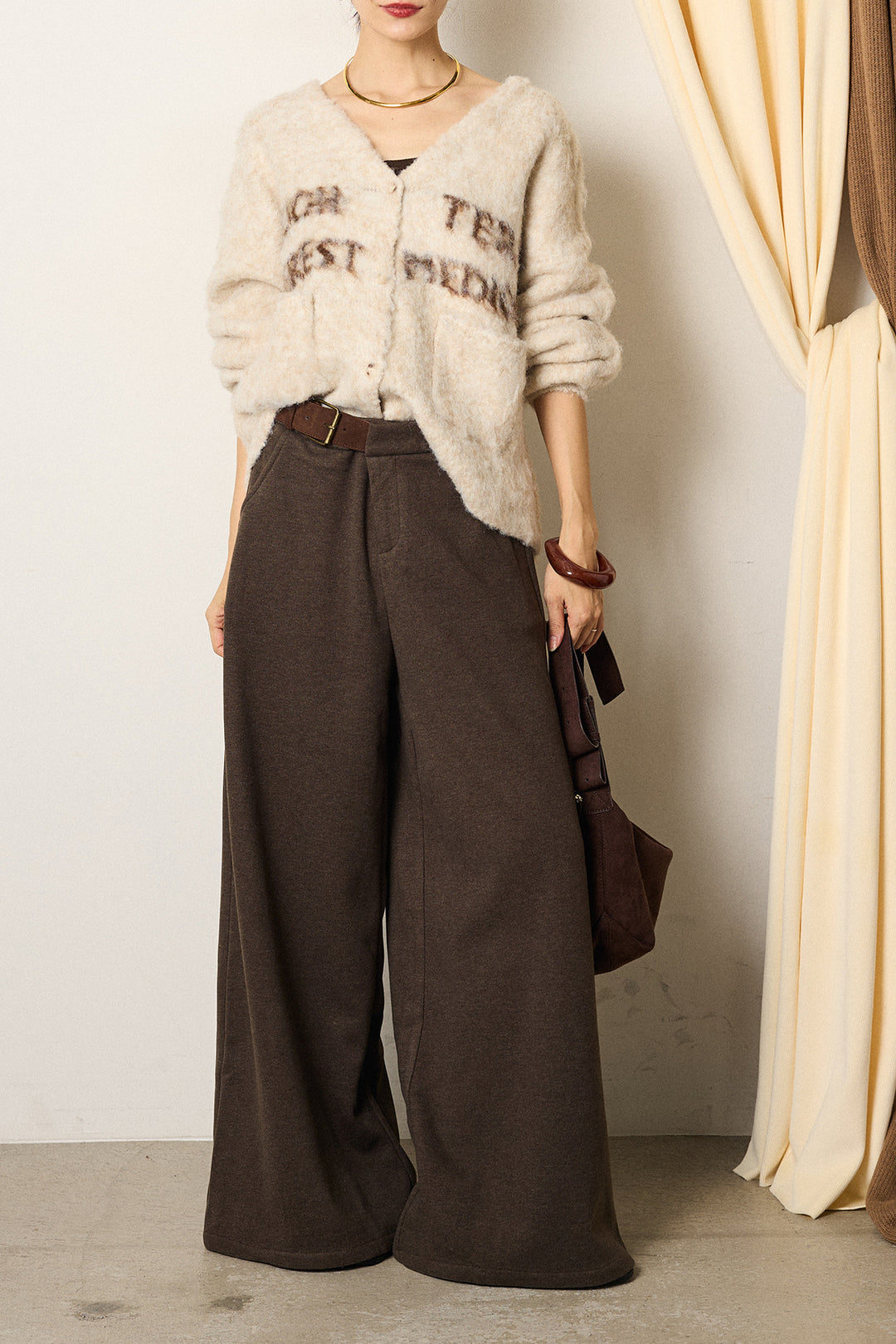 [SET]ウール混透かしロゴニットカーディガン+サイドベルトパンツ(2set)