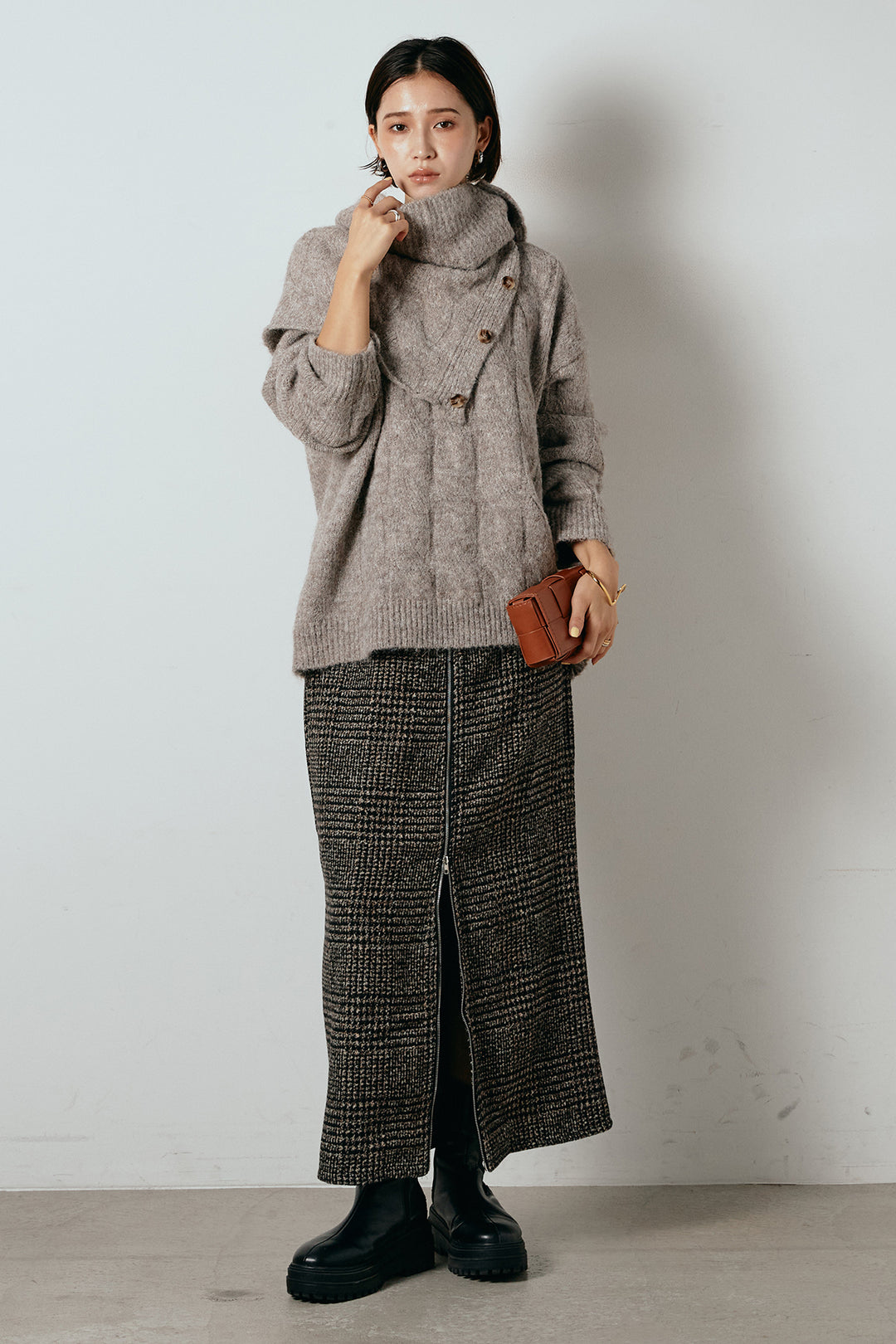 [SET]ケープデザインケーブルニットトップス+グレンチェック柄フロントジップタイトスカート(2set)