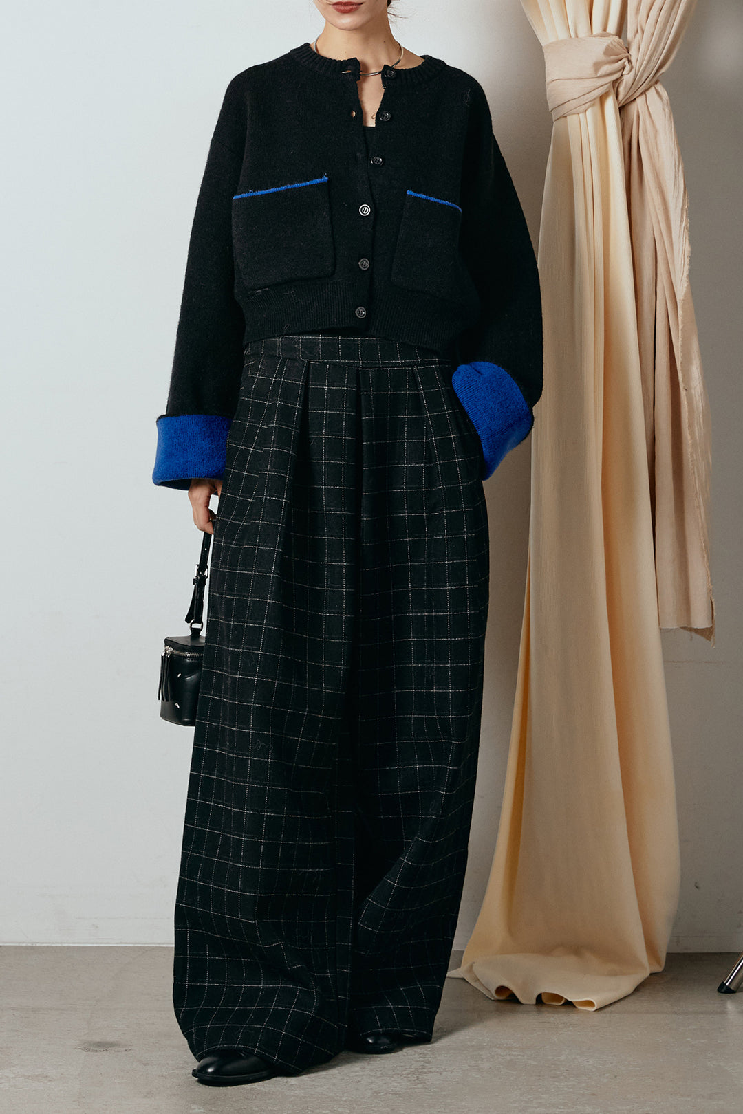 [SET]アルパカタッチダブルフェイスカーディガン+ウールライクチェックタックパンツ(2set)