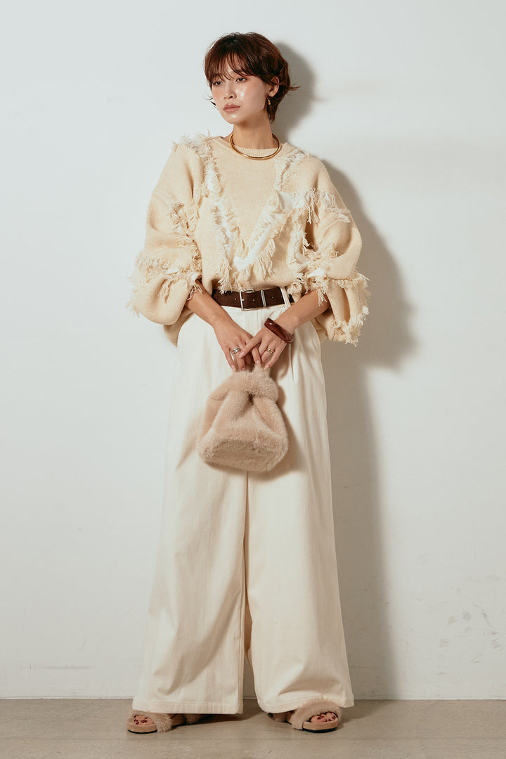 [SET]シャギージャガードニットトップス+太ベルト付きコーデュロイタックパンツ(2set)