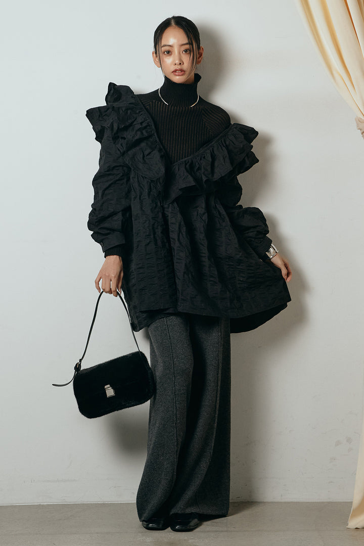 [SET]Vネックフリルカラーブラウス+センターラインニットパンツ(2set)