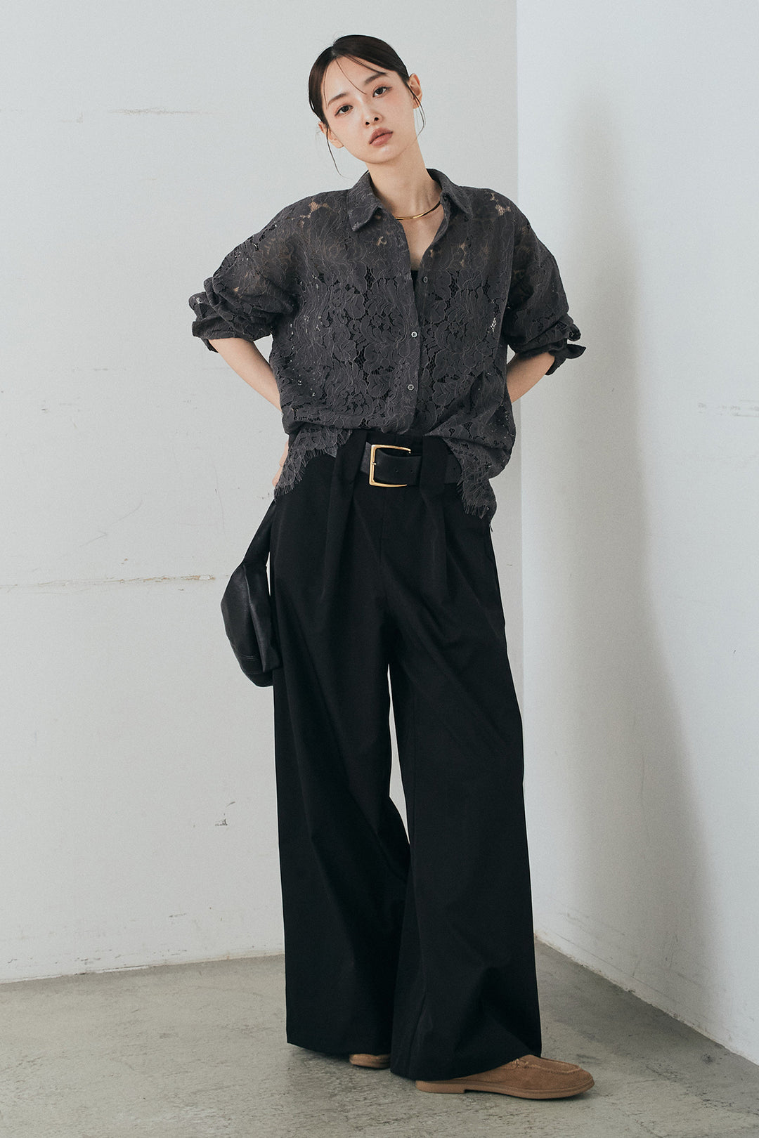 [SET]レース裾スカラップシャツ+ベルトループデザインハイウエストタックパンツ(2set)