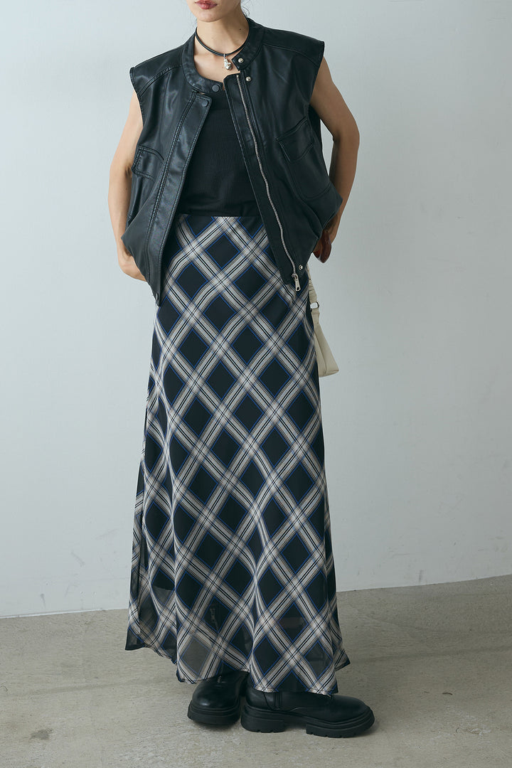[SET]バンドカラーフェイクレザーベスト+マルチ柄シアースカート(2set)
